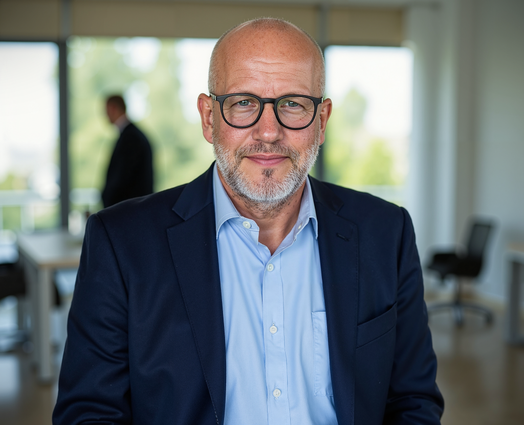 Portraitfoto von Kai Künstler mit Brille im blauen Sakko und hellblauem Hemd in einem modernen Büro.