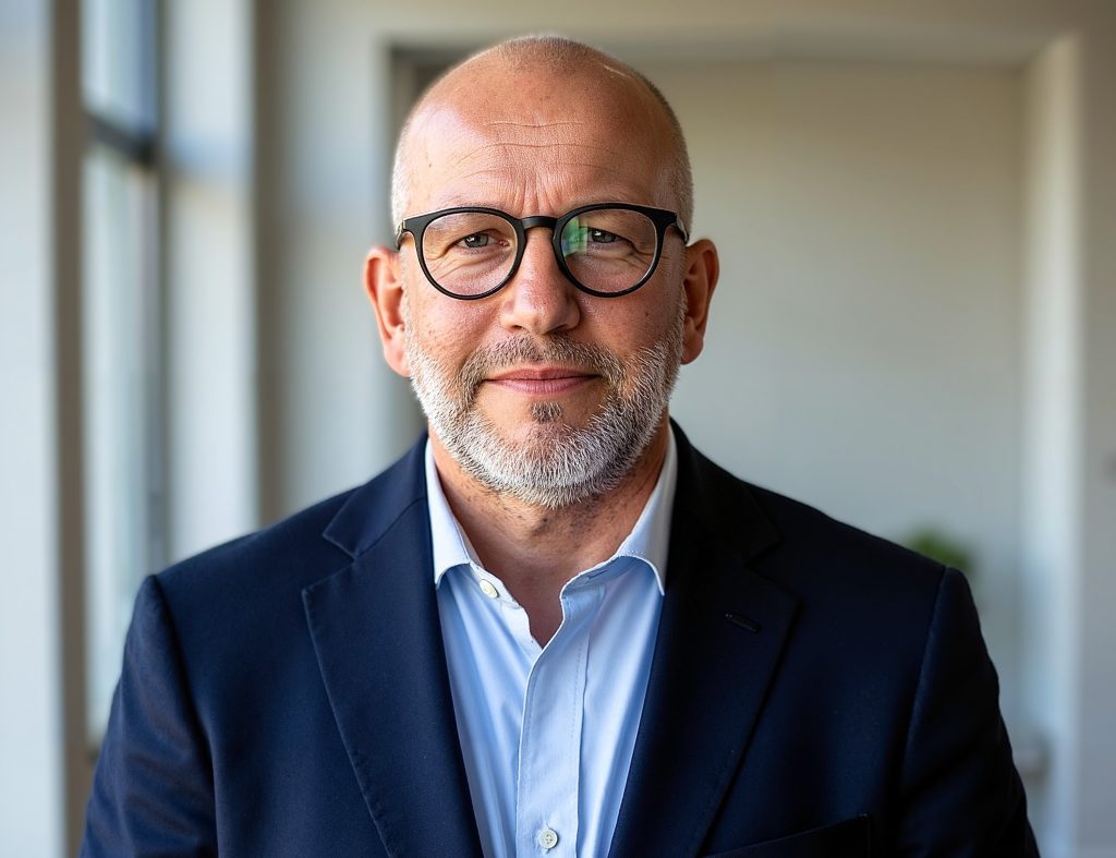 Portraitfoto von Kai Künstler mit Brille, hellblauem Hemd und dunkelblauem Sakko in einem modernen Innenraum.